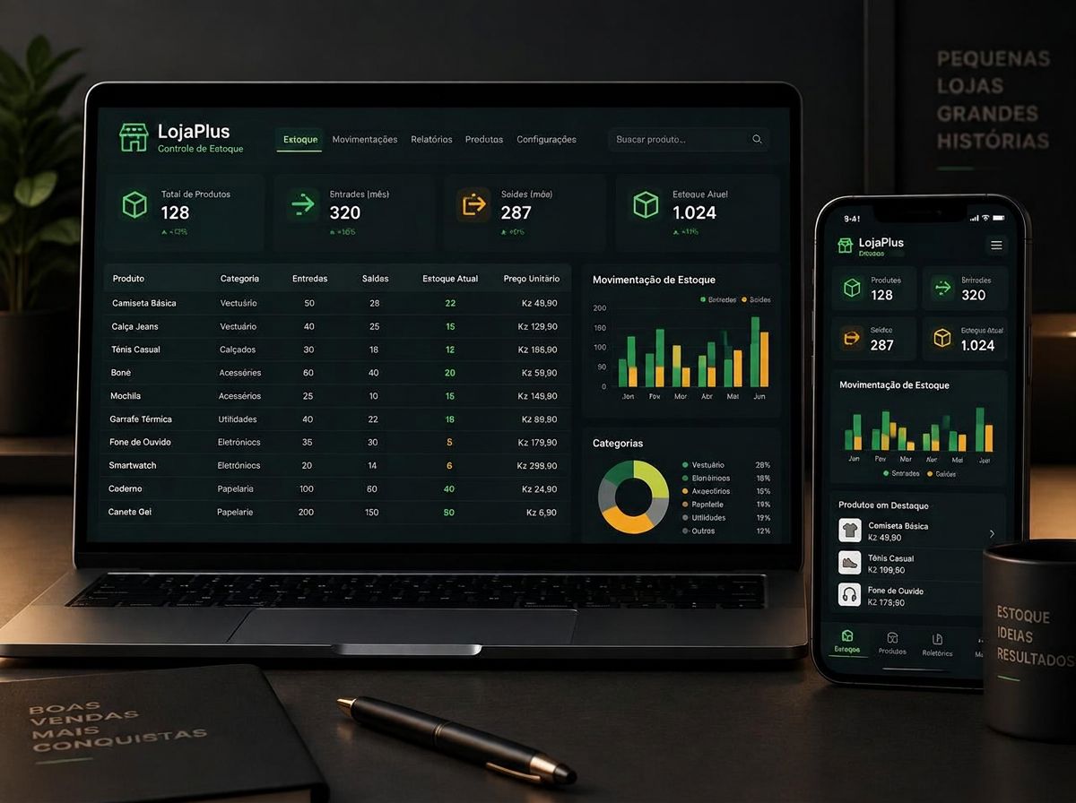 Planilha de controlo de stock aberta no computador e no telemóvel, com produtos, entradas, saídas e stock actual